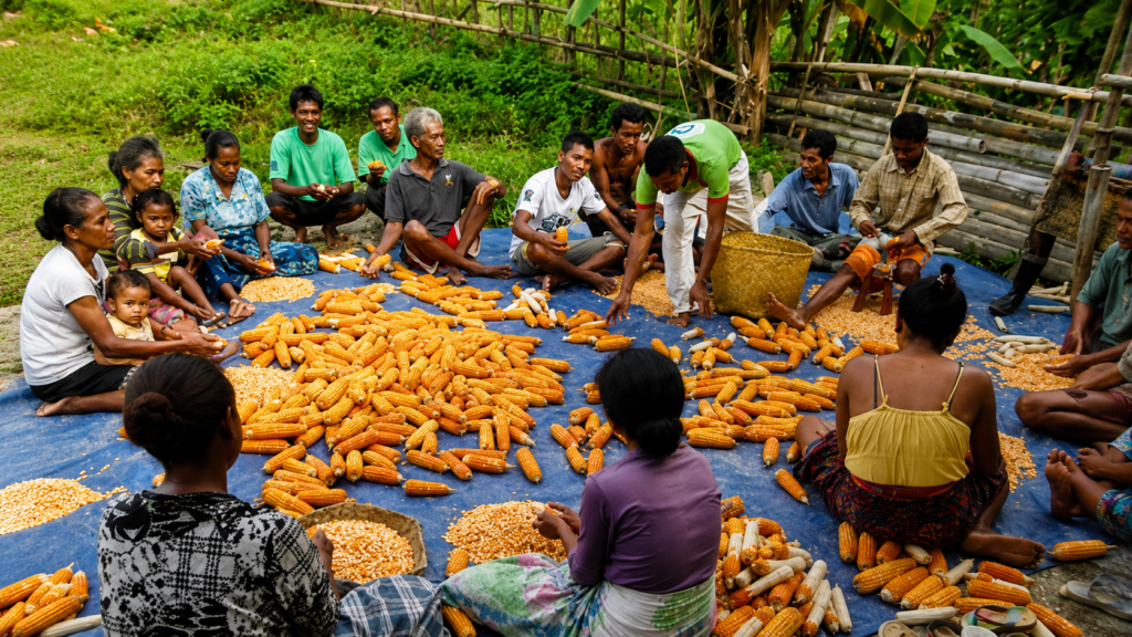 Masyarakat Timor bergotong royong mengikat hasil panen jagung sebelum disimpan di Ume Kbubu.