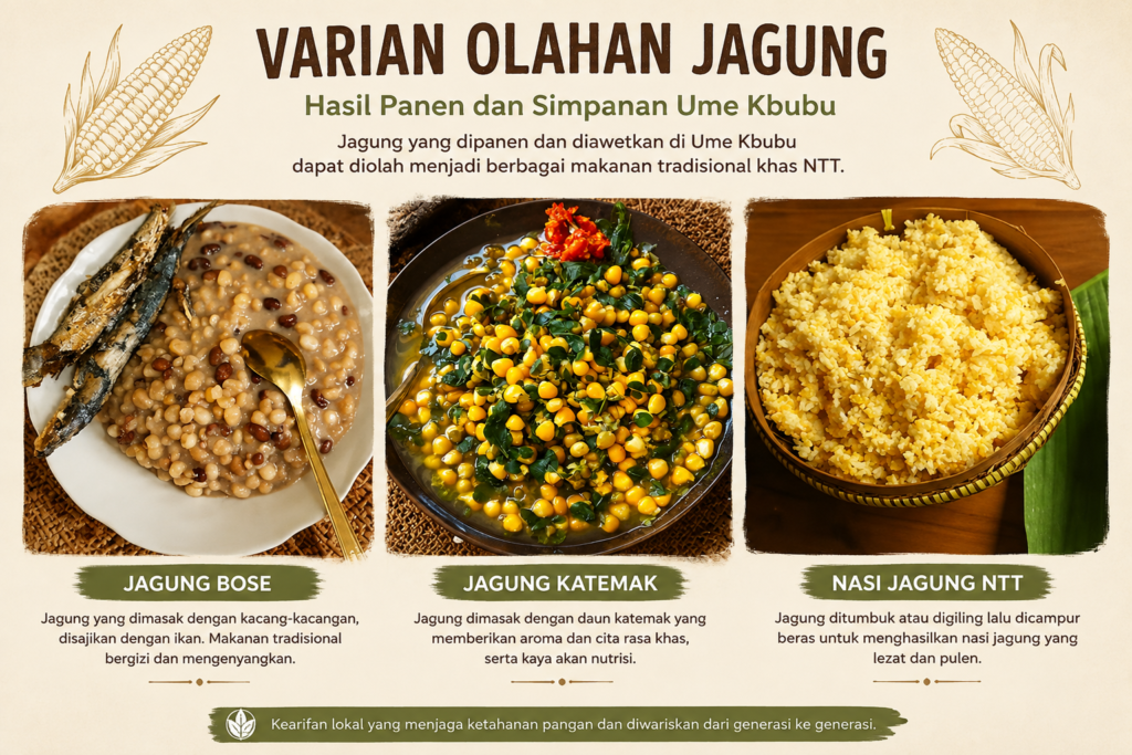Ilustrasi varian olahan jagung khas Nusa Tenggara Timur berupa Jagung Bose, Jagung Katemak, dan nasi jagung yang diolah dari hasil panen atau jagung yang disimpan di Ume Kbubu.