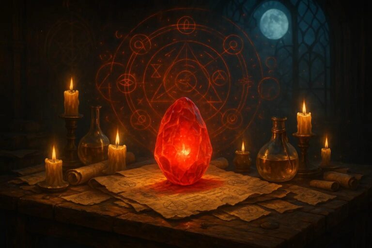 Ilustrasi Philosopher’s Stone, batu legendaris yang dipercaya mampu mengubah logam menjadi emas dan memberikan keabadian